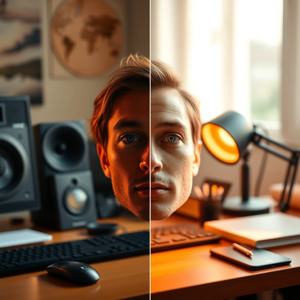 Side-by-side comparison of warm and cool white light on a person's face