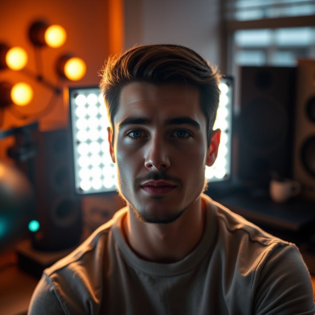 A YouTuber lit by a single harsh LED panel showing bad shadows and flat lighting
