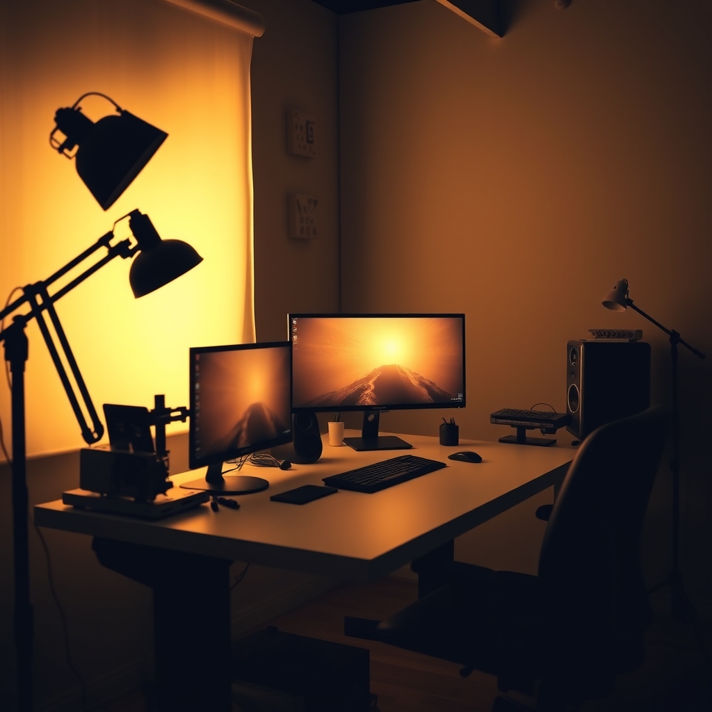 Professional YouTube studio setup with optimal lighting and organized desk