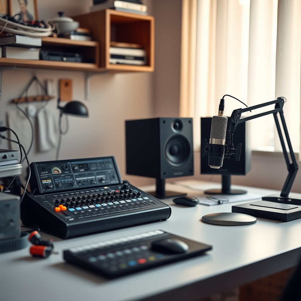 A comparison showing a messy desk with an audio interface and cables next to a clean desk with just a USB microphone.