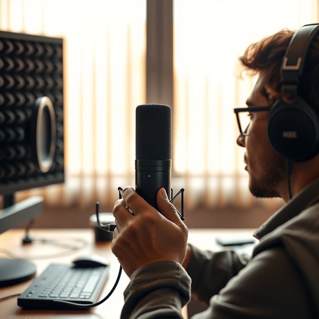 A content creator speaking into a USB microphone in a room with acoustic panels on the walls.