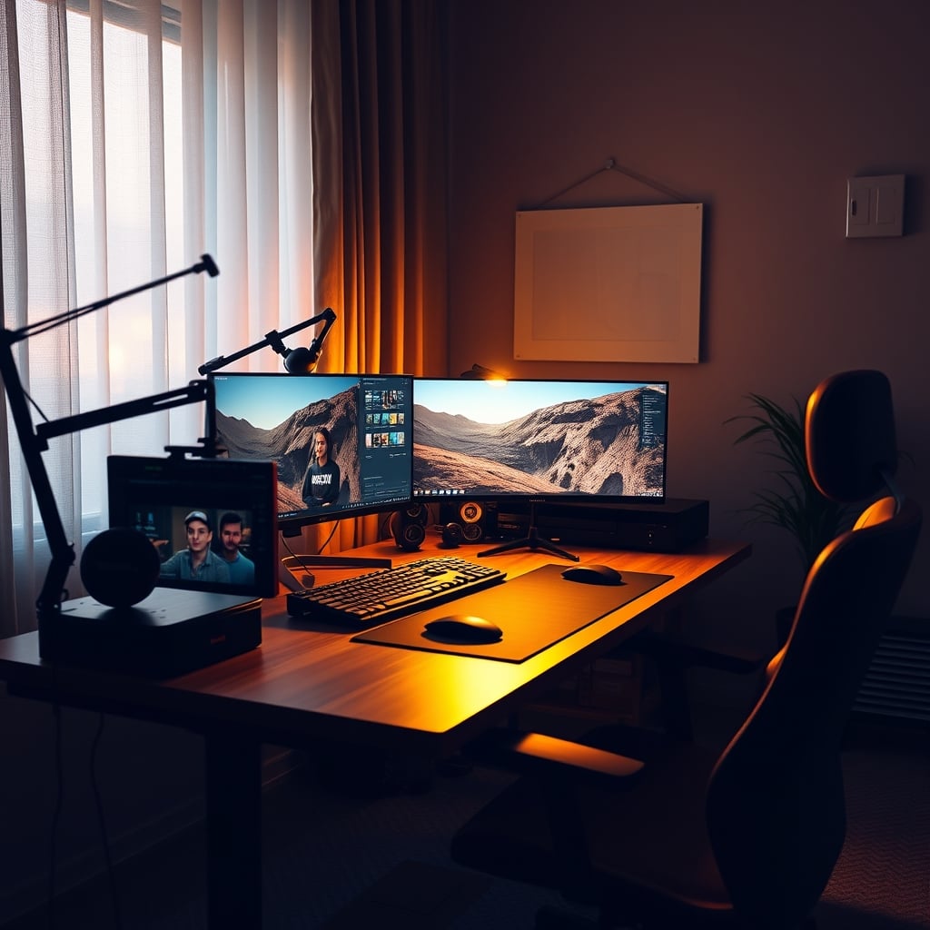A content creator comfortably editing video on an ergonomic desk setup, with essential gear neatly organized and good posture, highlighting the importance of comfort and workflow over excessive, showy equipment.