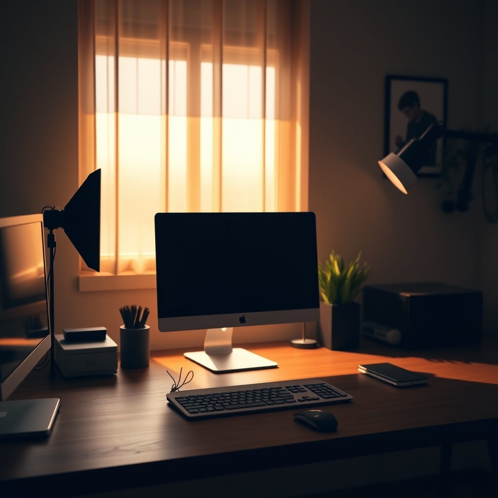 A well-executed two-point lighting setup for a desk, showing key and fill lights placed strategically to create balanced illumination without harsh shadows, emphasizing effective lighting over complex equipment.