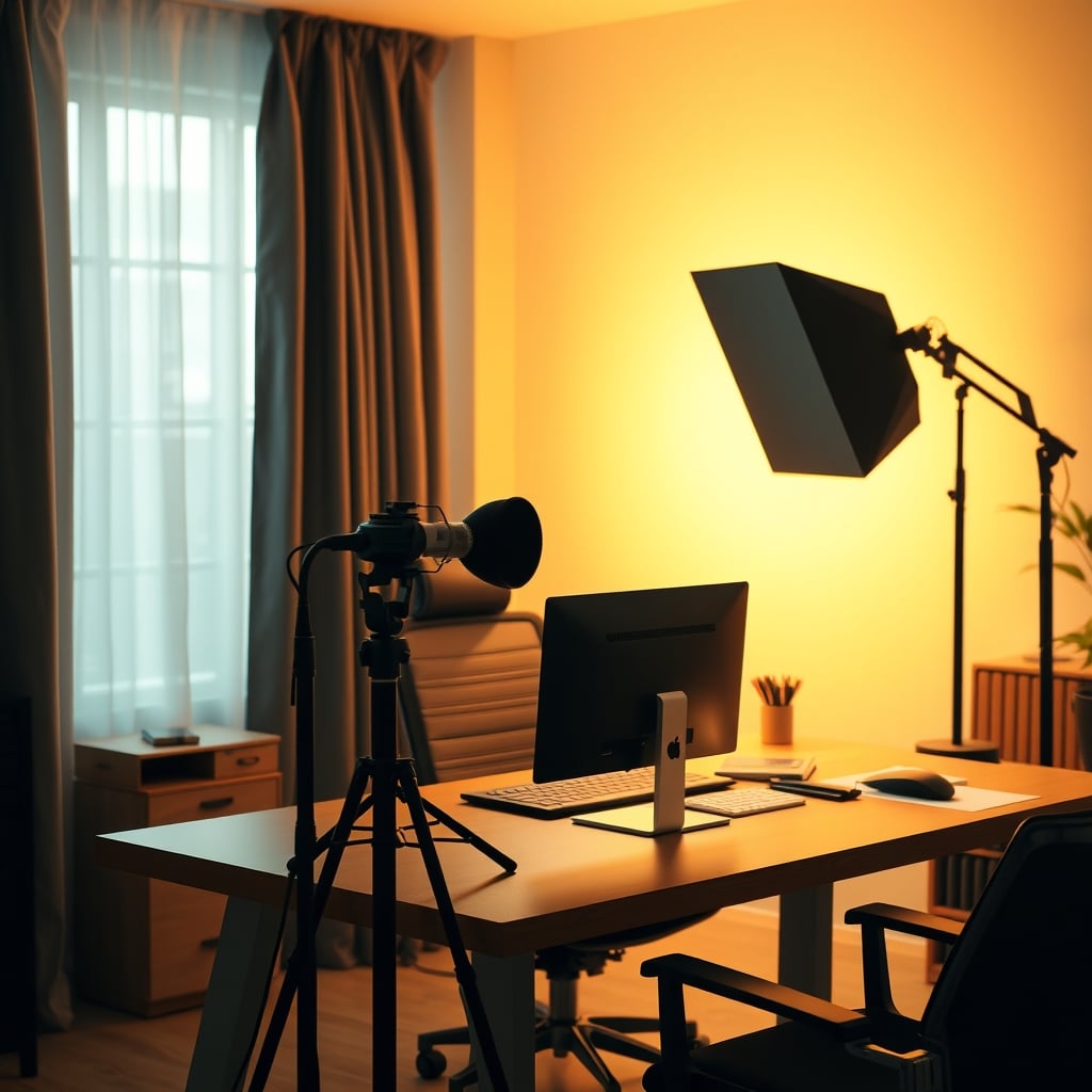 A clean YouTuber setup with blackout curtains and a single light source on the presenter.