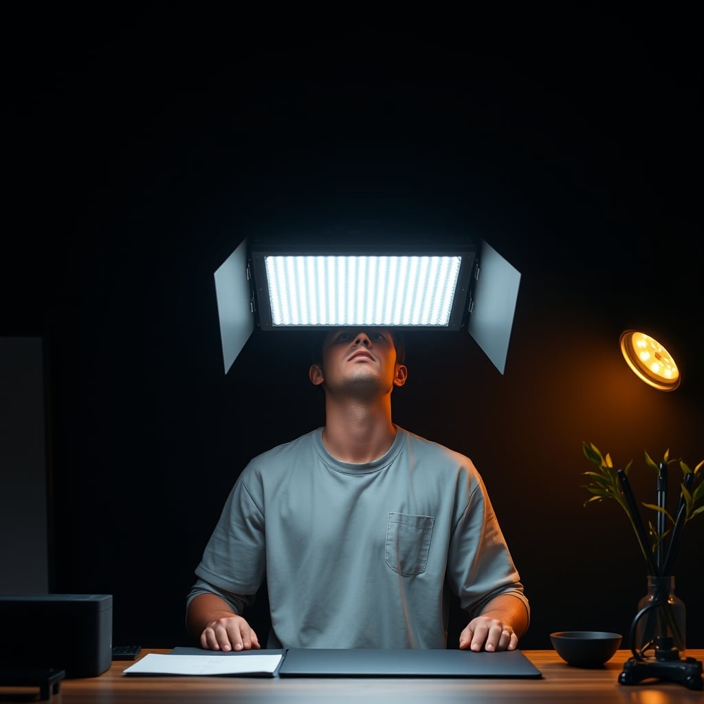 A person professionally lit by a single key light with barn doors from above.