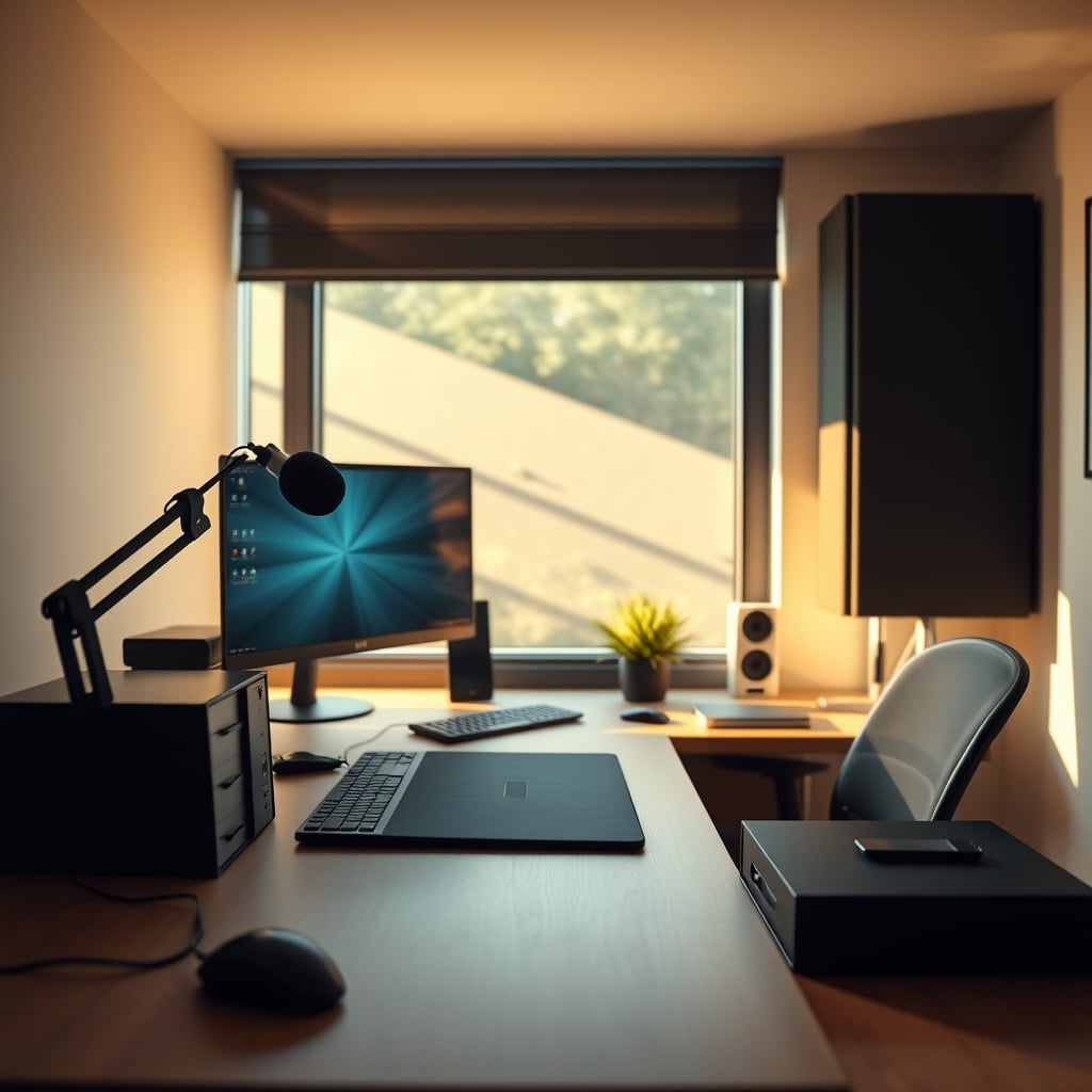 A clean, effective YouTuber desk with a simple USB microphone, acoustic panels on the wall, and minimal clutter.